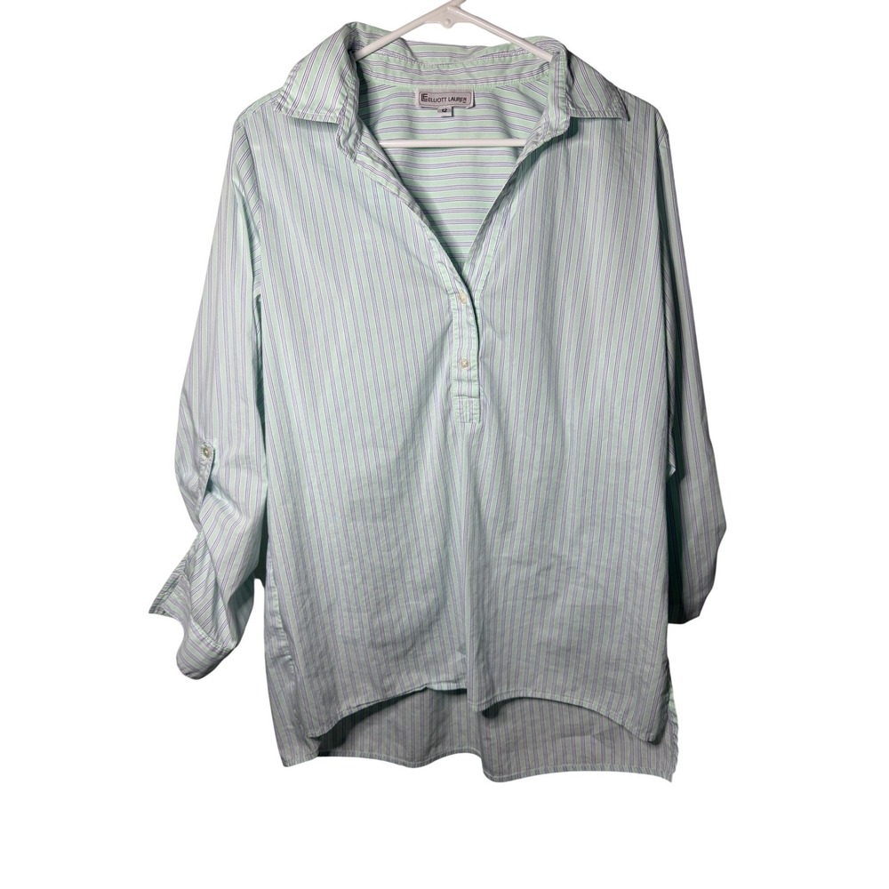 Womens Stripe Green Navy Blue Cotton Poplin Button Up Blouse M